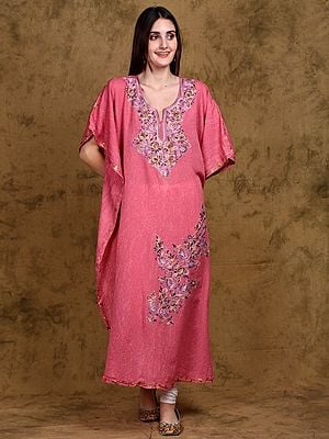 Azalea-Pink Long Cotton Kaftan with Aari-Embroidered Flowers from Kashmir