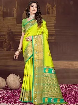 Silk Contrast Border Festive Wear Silk Saree With Paisley Motifs Pallu