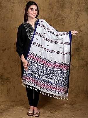 Lucent-White Mulberry Silk Digital Printed Stole from Tripura with Fringe Border