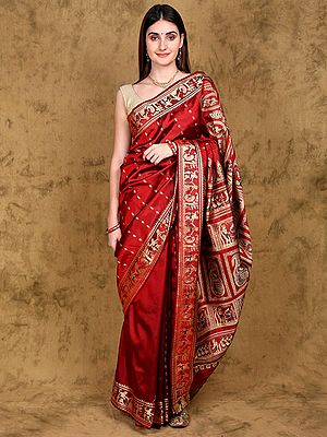 Red-Dahlia Pure Silk Swarnachari Baluchari Saree from Bengal with Zari Weave Village Tribe Scene