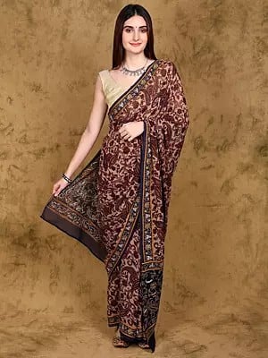 Almond-Milk Paisley Printed Georgette Saree with Kantha Embroidered Border and Pallu