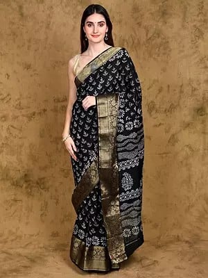 Black-Onyx Dabu Hand Block Printed Dola Silk Saree with Zari Woven Floral Border from Madhya Pradesh