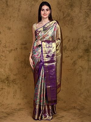 Multicolor Birds-Flowers Exquisite Work Pure Kanjivaram Saree from Bangalore with Zari Woven Apsara Border