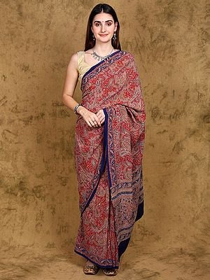 Raspberry-Wine Printed Saree with Paisley Kantha Embroidery and Sequins