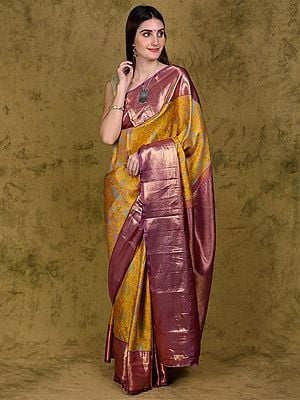 Golden-Orange Kanjivaram Pure Silk Saree with Woven Abstract Tree Pattern and Zari work Floral Pallu-Border from Bangalore