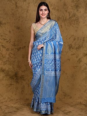 Lichen-Blue Dabu Hand Block Printed Dola Silk Saree with Zari Woven Floral Vine Border