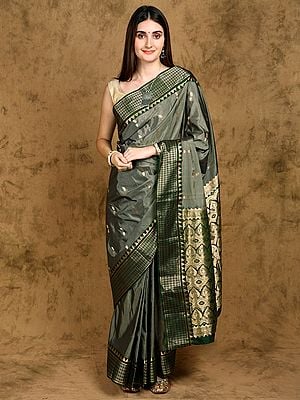 Overland-Trek Zari Woven Bootis Pure Silk Saree from Bangalore with Temple Border and Contrast Rich Pallu