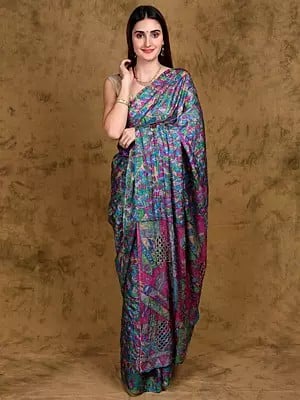 Multicolor Geometric Pattern Print Saree with Chain Stitch Embroidered Pallu and Beads