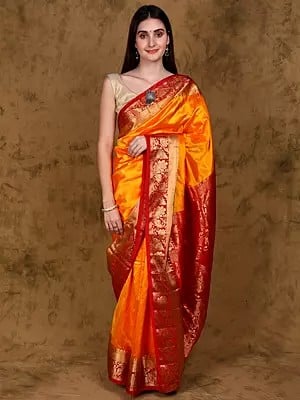 Pure Silk Bootis Woven Saree with Golden Thread work Peacock Border and Bold Paisley Pallu from Bangalore