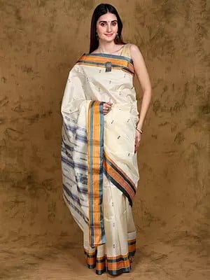 Cannoli-Cream Pure Silk Garad Saree from Bengal with Woven Bootis and Peacock