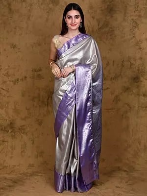 Oyster-Gray Saree from Bangalore with Woven Motifs in Silver Colored Thread