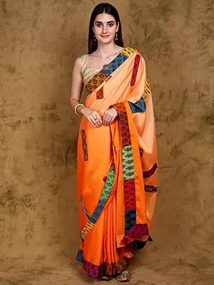 Orange-Peel Dual Shade Art Silk Patchwork Saree - Handcrafted by Adivasi Women of Madhya Pradesh