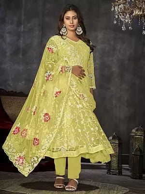 Round Neck All Over Embroidery Work Festive Wear Net Anarkali Suit With Matching Dupatta