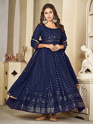 Embroidery And Sequins Work Round Neck Anarkali Georgette Suit With Attractive Matching Dupatta