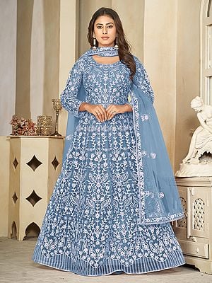 Heavy Floral Embroidery All Over Elegant Net Anarkali Suit With Matching Dupatta