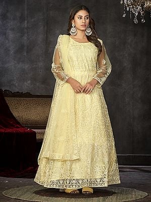 Floral Embroidery And Full Sleeve Net Anarkali Style Suit With Matching Dupatta