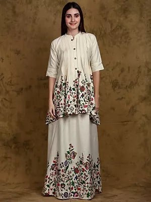 Whisper-White Floral Printed Mandarin Collar Tunic Top with Skirt