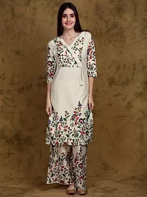 Whisper-White Floral Print Angrakha Style Straight Kurta and Palazzo Set