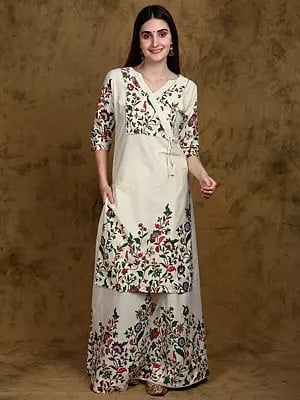 Whisper-White Floral Printed Angrakha Style Straight Kurta and Skirt Set