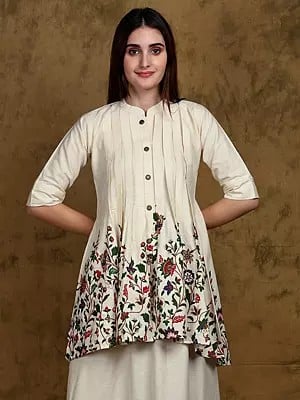 Whisper-White Floral Printed Mandarin Collar Tunic Top