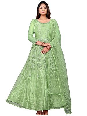 Elegant Designer All Over Floral Embroidery Work Party Wear Net Anarkali Suit With Dupatta