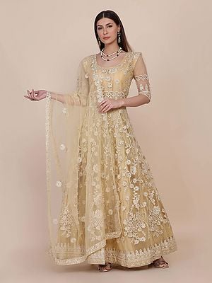 Double-Spanish-White Soft Net Heavy Floral Embroidery Work Party Wear Anarkali Suit With Attractive Matching Dupatta