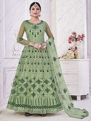 Thread Embroidery Work Round Neck Elegant Festive Wear Net Anarkali Suit With Dupatta