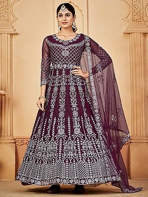 Old-Mauve All Over Floral Elegant Round Neck Net Anarkali Suit With Matching Dupatta