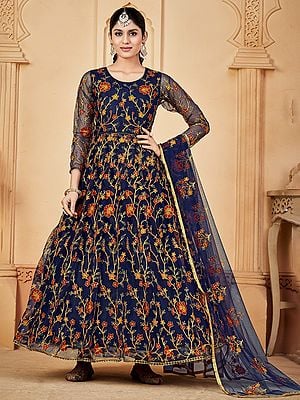 Midnight Net Elegant Thread Floral Embroidery Work Anarkali Suit With Matching Dupatta