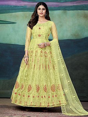 Greenish-Beige Net Festive Wear Anarkali Suit With Embroidery Thread Work And Dupatta