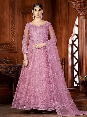 Light-Thulian-Pink Net Attractive Thread Embroidery Work Festive Wear Anarkali Suit With Matching Dupatta