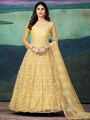 Lightning-Yellow Long Attractive Heavy Embroidery Work Festive Wear Net Anarkali Suit