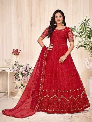 Cornell-Red Floral Embroidery And Sequins Work Wedding Wear Bridal Net Anarkali Suit With Dupatta