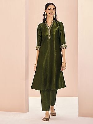 Thatch-Green Embroidery And Sequins Work On Neck Organza Salwar Suit For Festival Occasion