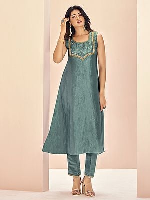 Greyish-Turquoise Embroidery And Sequins Work Designer Organza Salwar Suit