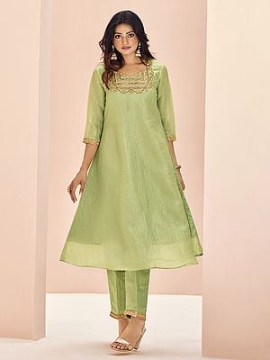 Olive-Green Sequins Embroidery Work Festive Wear Organza Salwar Suit