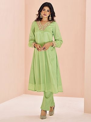 Light-Moss-Green Embroidered V-Neck Designer Chinon Salwar Suit For Festival Occasion