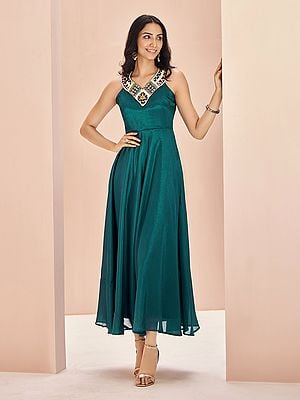 Deep-Teal Embroidered Sleevless And V-Neck Attractive Party Wear Indo-Western Chinon Gown