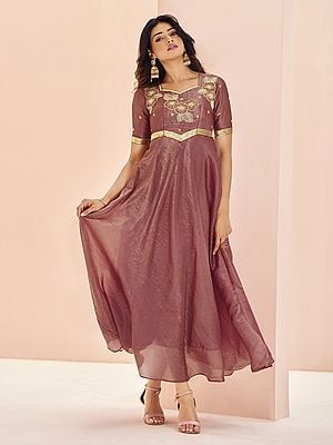 Brownish-Pink Floral Golden Embroidery And Flared Party Wear Attractive Organza Gown