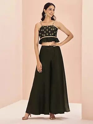 Rangoon-Green Attractive Solid Party Wear Art Silk Crop-Top Palazzo Suit With Floral Motifs