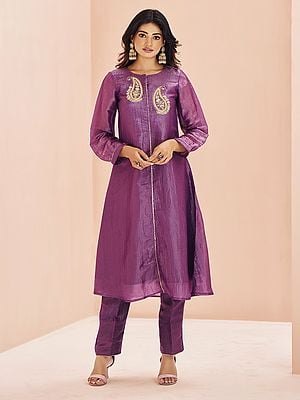 Light-Plum Golden Embroidered Paisley Motifs Festive Wear Organza Salwar Suit