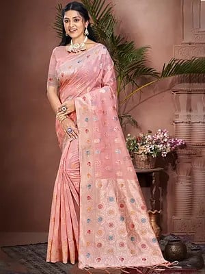 All Over Floral Woven Motifs Traditional Party Wear Cotton Saree With Attractive Tassels Pallu