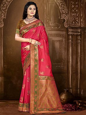 Leaves Pattern Silk Saree With Attractive Border And Paisley Design Pallu