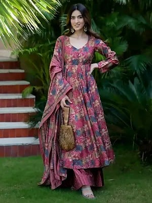 Bashful-Pink Floral Digital Printed Full Flared Festive Wear Pure Muslin Anarkali Suit With Matching Dupatta