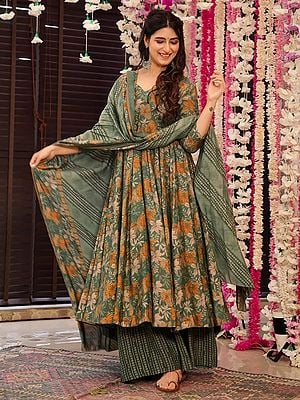 Camouflage-Green All Over Floral Heavy Digital Printed Full Flared Festive Wear Pure Muslin Anarkali Suit With Matching Dupatta