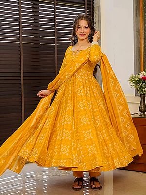 Orange-Gold Attractive Heavy Digital Printed Full Flared Party Wear Pure Muslin Anarkali Suit With Matching Dupatta