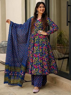 Catalina-Blue Festive Wear Floral Full Sleeve And Heavy Digital Printed Full Flared Pure Muslin Anarkali Suit With Dupatta