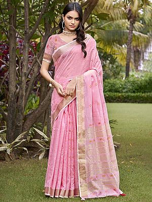 Small Butti Motif Cotton Saree With Striped And Tassels Pallu For Women's