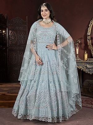 Floral Thread Embroidery And Mirror Work Designer Net Gown With Matching Dupatta