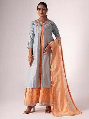 Atomic-Tangerine Art Silk Embroidery Work Designer Kurta With Jacket And Attractive Dupatta For Casual Occasion